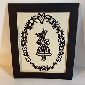 Hand Cut Paper Folk Art Child Florals Heart Black Mat Not Framed 10”x12”